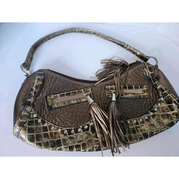 Vtg 90s Y2k Metallic Baguette Handbag Moc Croc Vegan Leather Rhinestone Studded - Picture 4 of 7